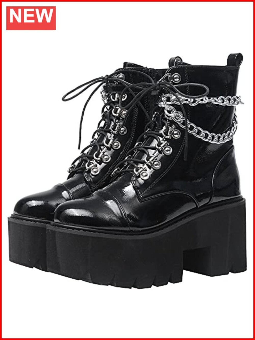 Platform Ankle Boots Rave Goth Combat Booties Chunky Wedge Heel with Punk Chain